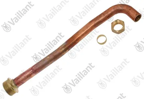 Kupferrohr mit einer eleganten Biegung und einem Gewindeanschluss, begleitet von zwei Messingringen. Das Produkt stammt von Vaillant.
